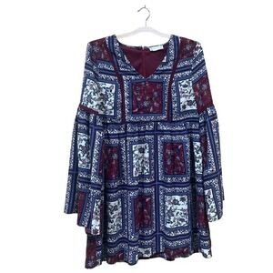 Altar'd State Dress Womens‎ Medium Burgundy Boho Patchwork Bell Sleeve V Neck